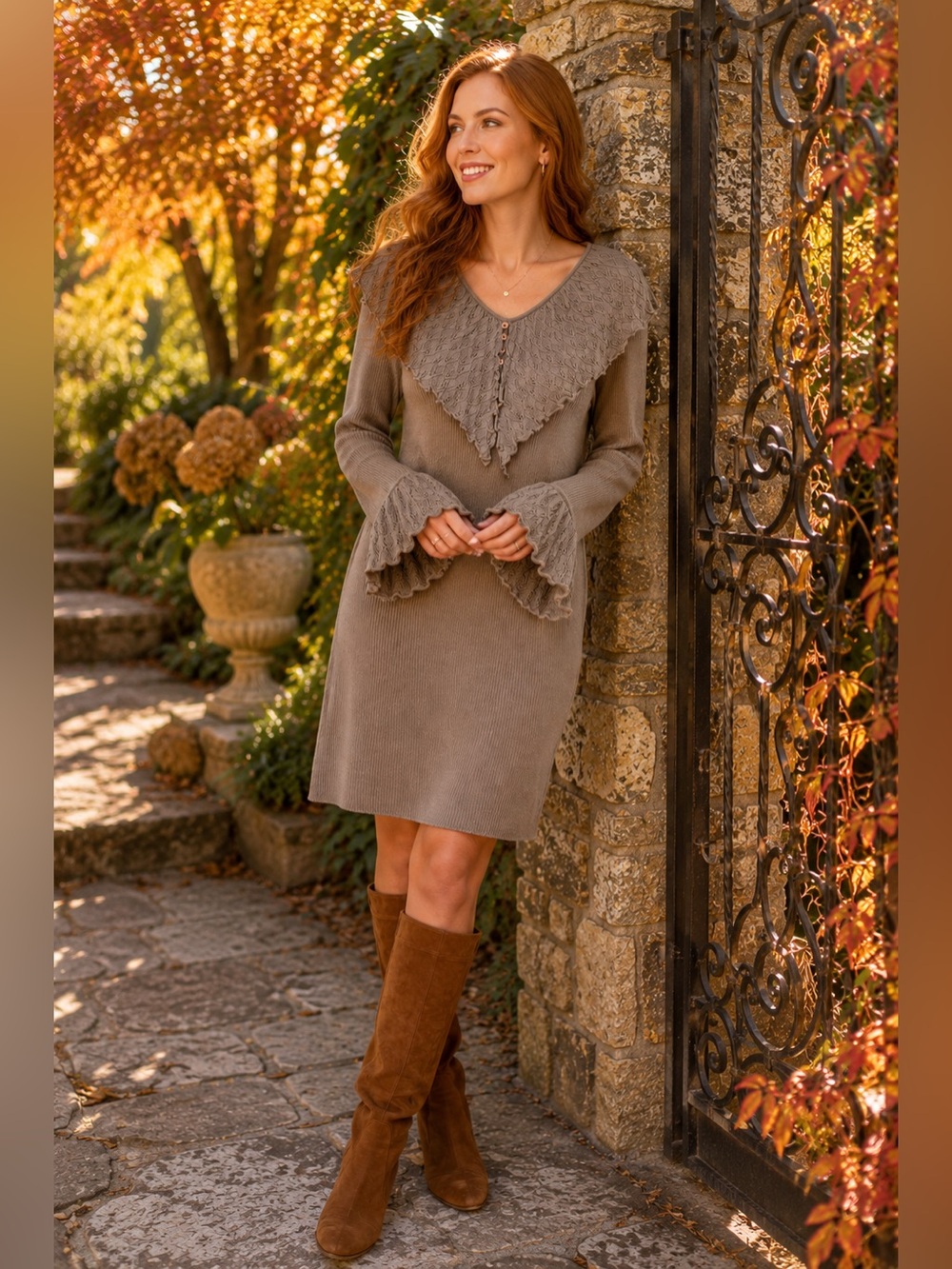 Vintage Andrea Jovine 100% Wool Sweater Dress L Taupe Ruffle Collar NWT (flawed)